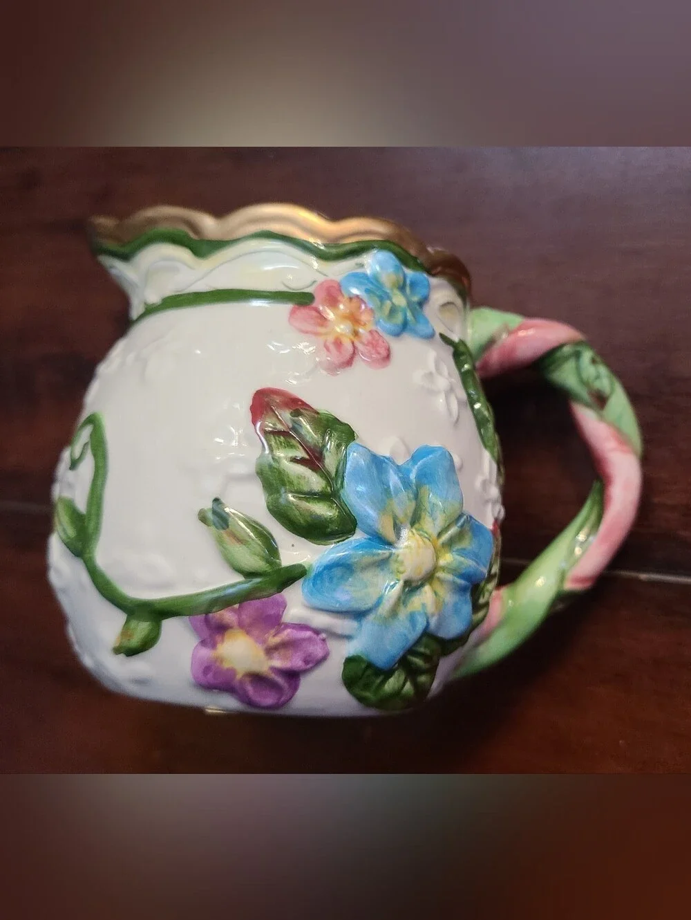 Vintage WMG Ceramic Floral Creamer Pitcher Spring Time Garden Raised Relief
